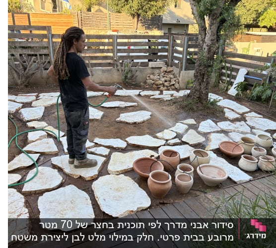 אדם משקה גינה עם אבנים ועציצים